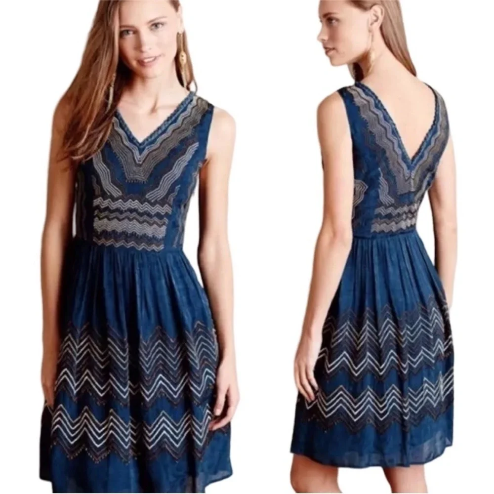 Anthropologie Meadow Rue Beaded Chevron Blue Dress Size 0 - Picture 1 of 10